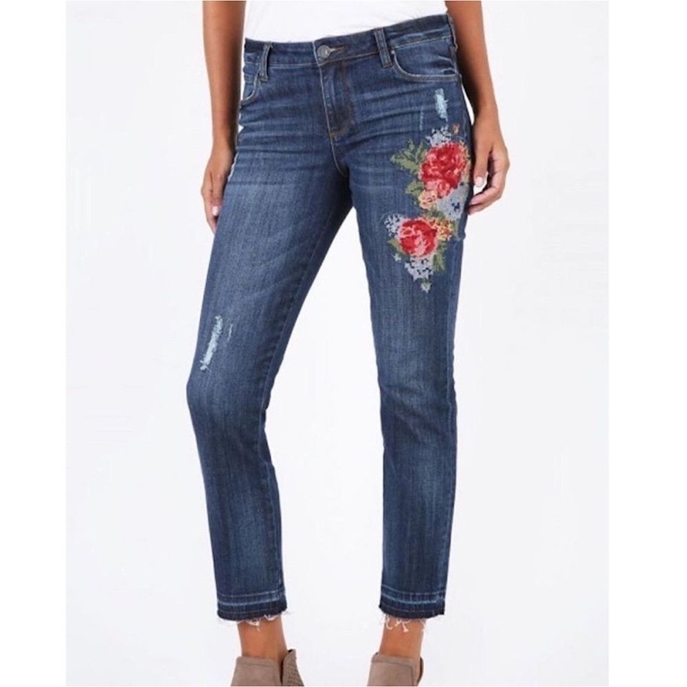 Kut from Kloth Reece Embroidered  Relaxed Straight Ankle Jeans, Size 8